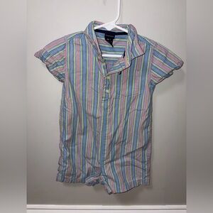 Nautica blue green striped shorty romper collared boys 12-18 M 100% cotton